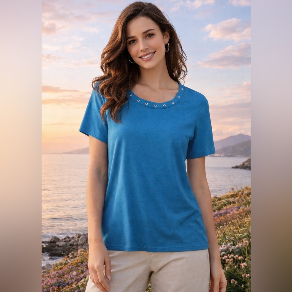 St. John Sport Knit Stretch Top Shirt Teal Blue With Grommets Women Size Small